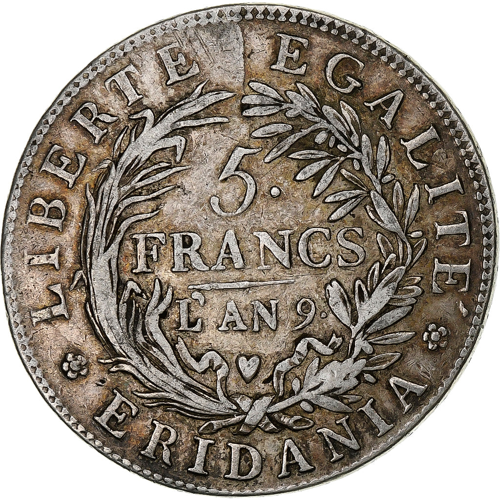 Piedmontese Republic, 5 Francs, An 9 (1801), Torino, Silver, VF(20-25)