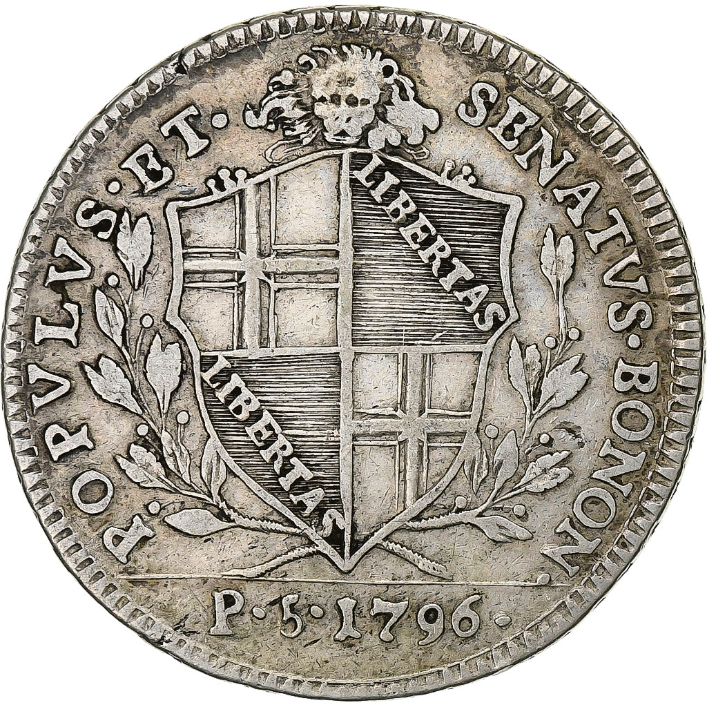 Cispadane Republic, 5 Paoli, 1/2 Scudo, 1796, Bologna, Plata, BC+