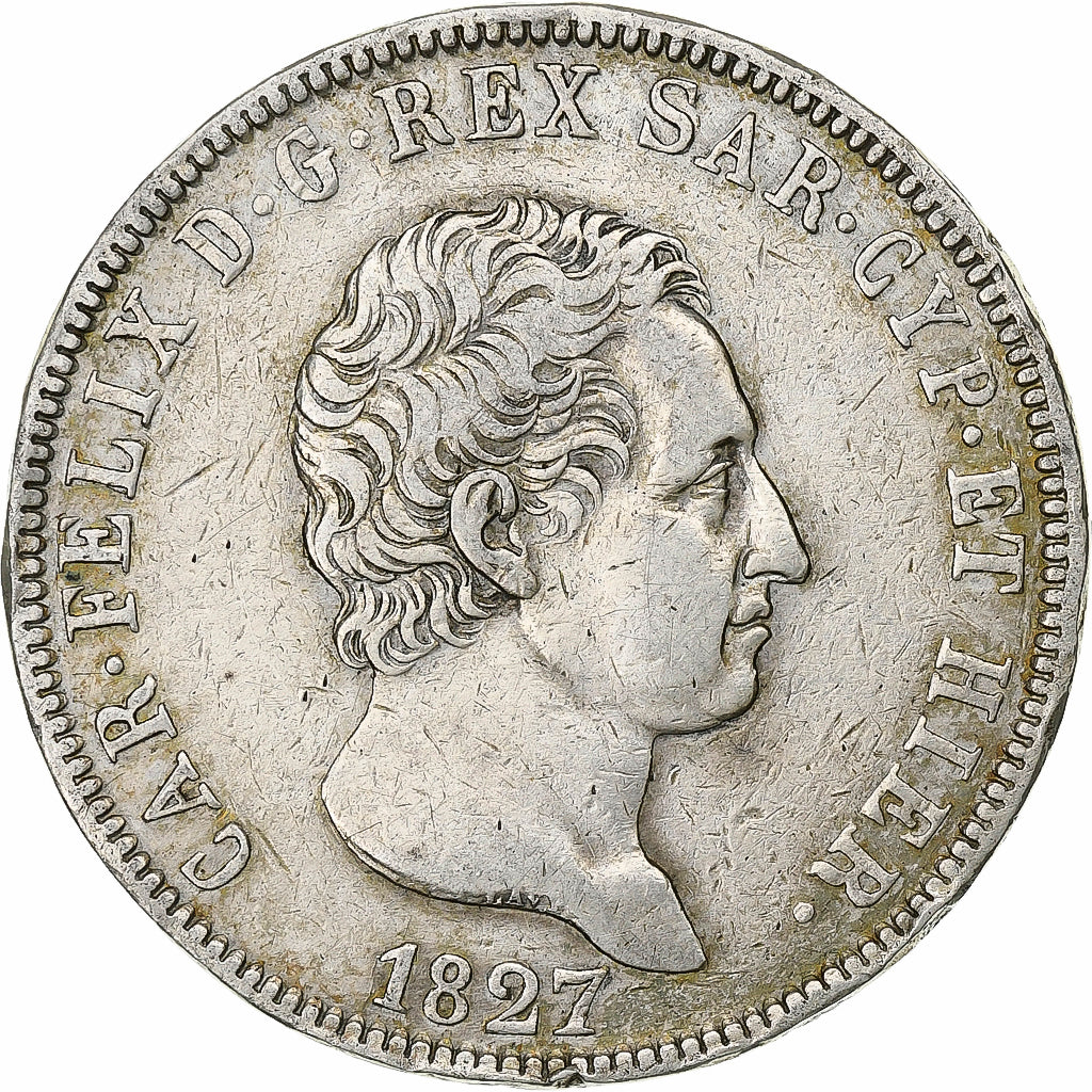 Kingdom of Sardinia, Carlo Felice, 5 Lire, 1827, Torino, Srebro, EF(40-45)