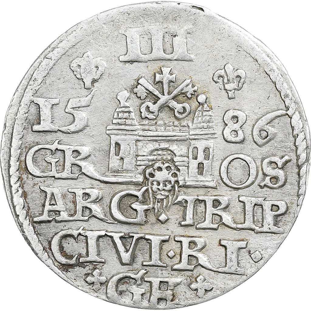 Duchy of Livonia, Stephen Báthory, 3 Gröscher, 1586, Riga, Plata, BC+