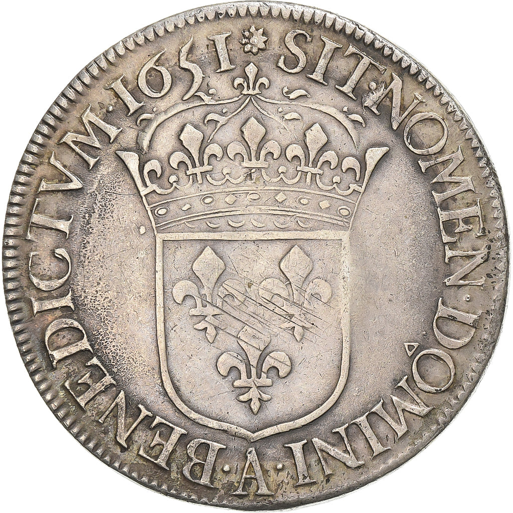 France, Louis XIV, Écu à la mèche longue, 1651, Paris, Silver, EF(40-45)