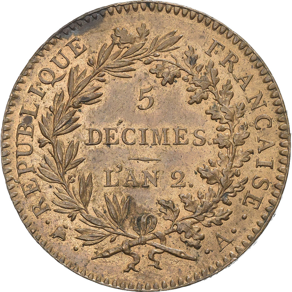 France, 5 Décimes, An 2, Paris, Bronze, TTB+, Gadoury:390