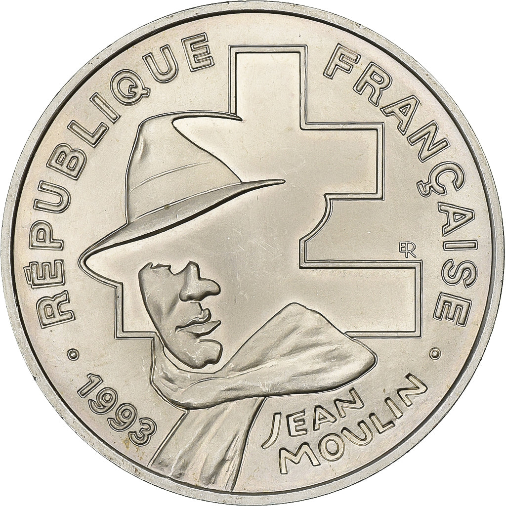 França, 100 Francs, Jean Moulin, 1993, MDP, BU, Prata, MS(63), KM:1023