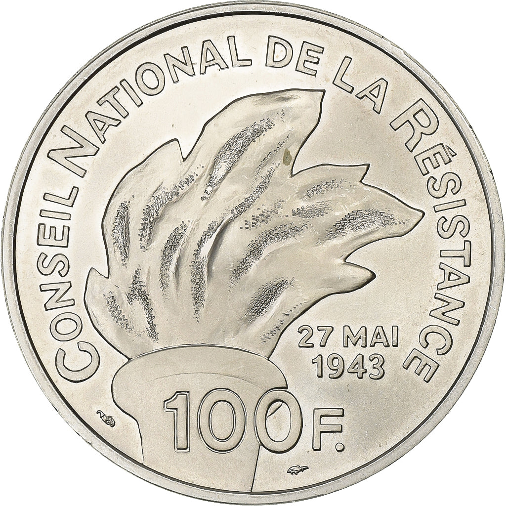 França, 100 Francs, Jean Moulin, 1993, MDP, BU, Prata, MS(63), KM:1023