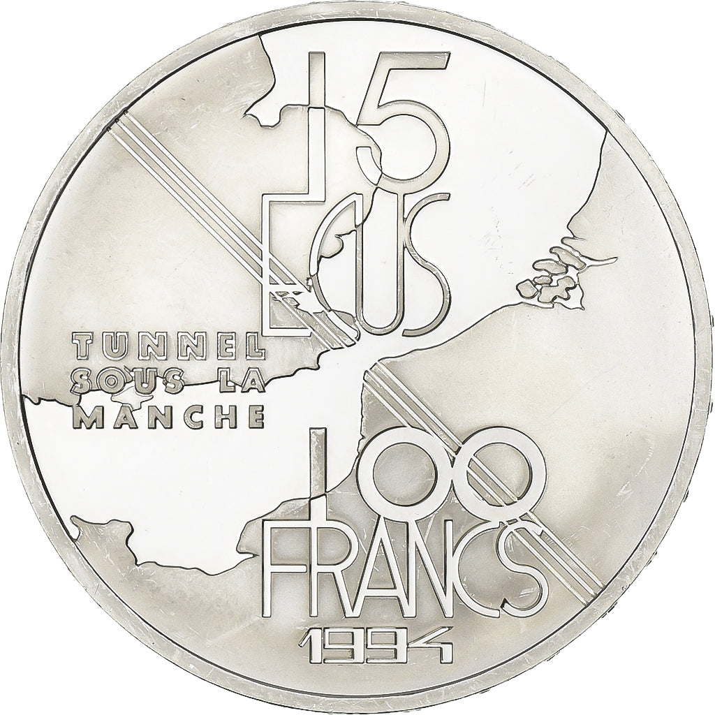 France, 100 Francs, Channel Tunnel, 1994, MDP, Proof, Silver, MS(63), KM:1060