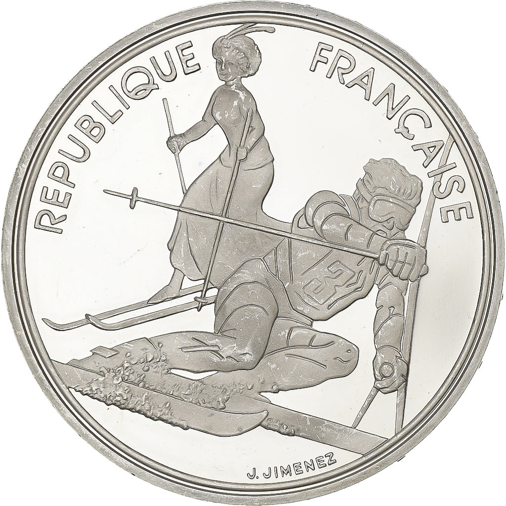 France, 100 Francs, Albertville - Slalom Skiing, 1990, MDP, Proof, Silver