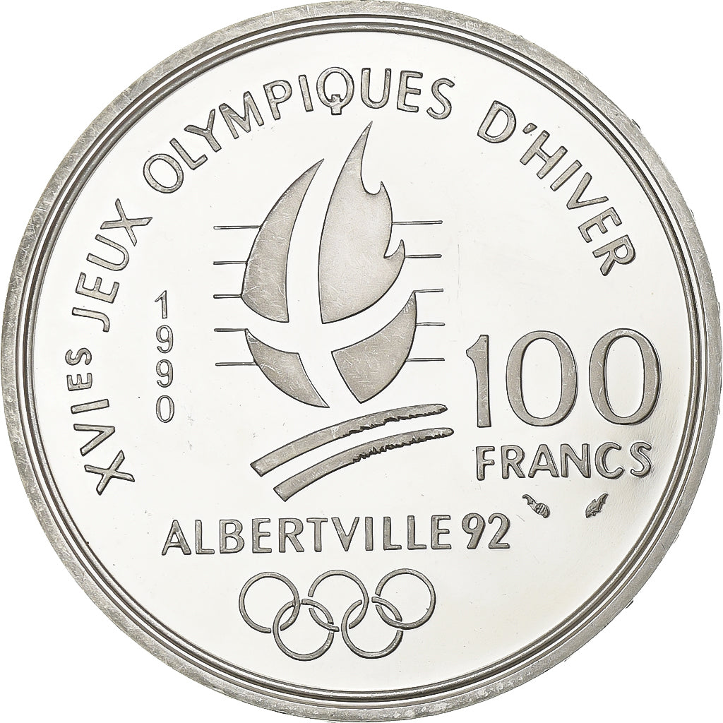 France, 100 Francs, Albertville - Slalom Skiing, 1990, MDP, Proof, Silver