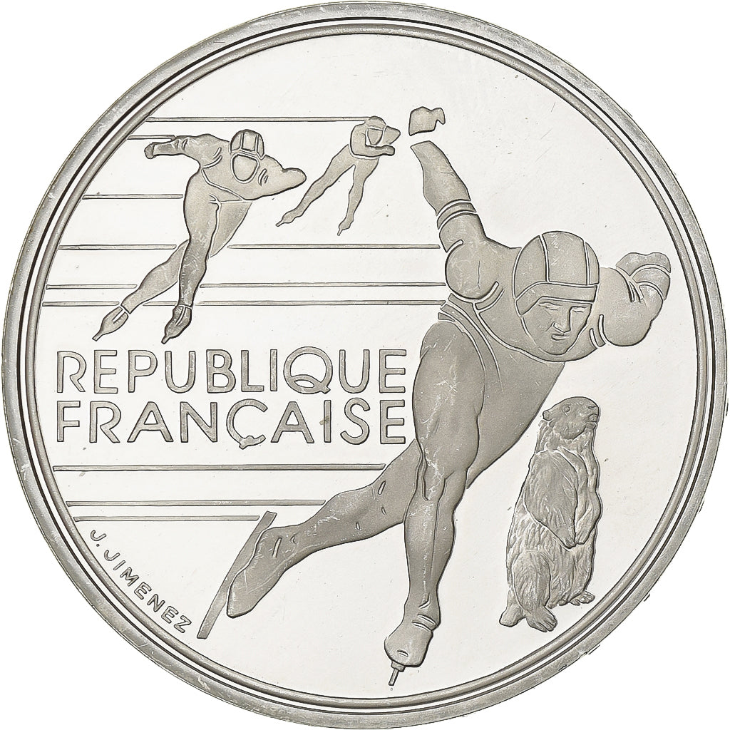 France, 100 Francs, Albertville - Speed Skating, 1990, MDP, Proof, Silver