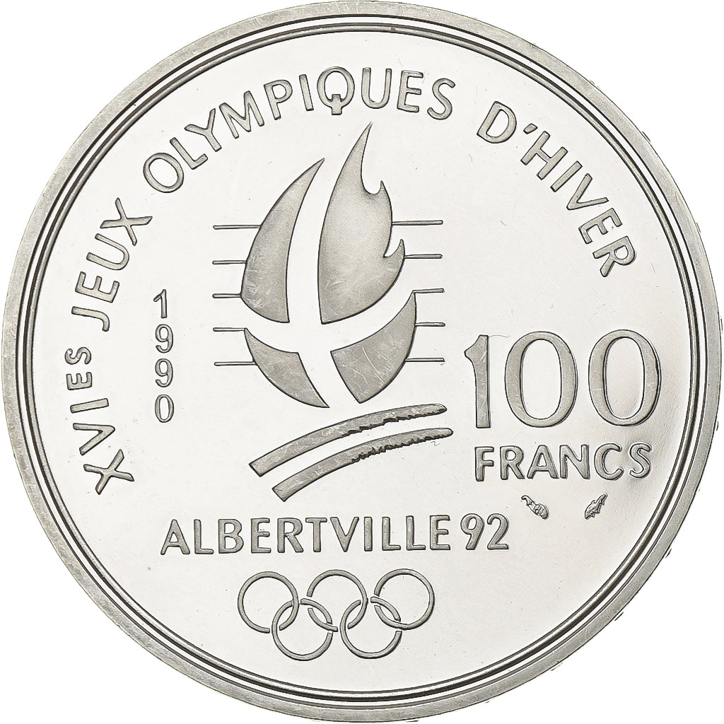 France, 100 Francs, Albertville - Speed Skating, 1990, MDP, Proof, Silver