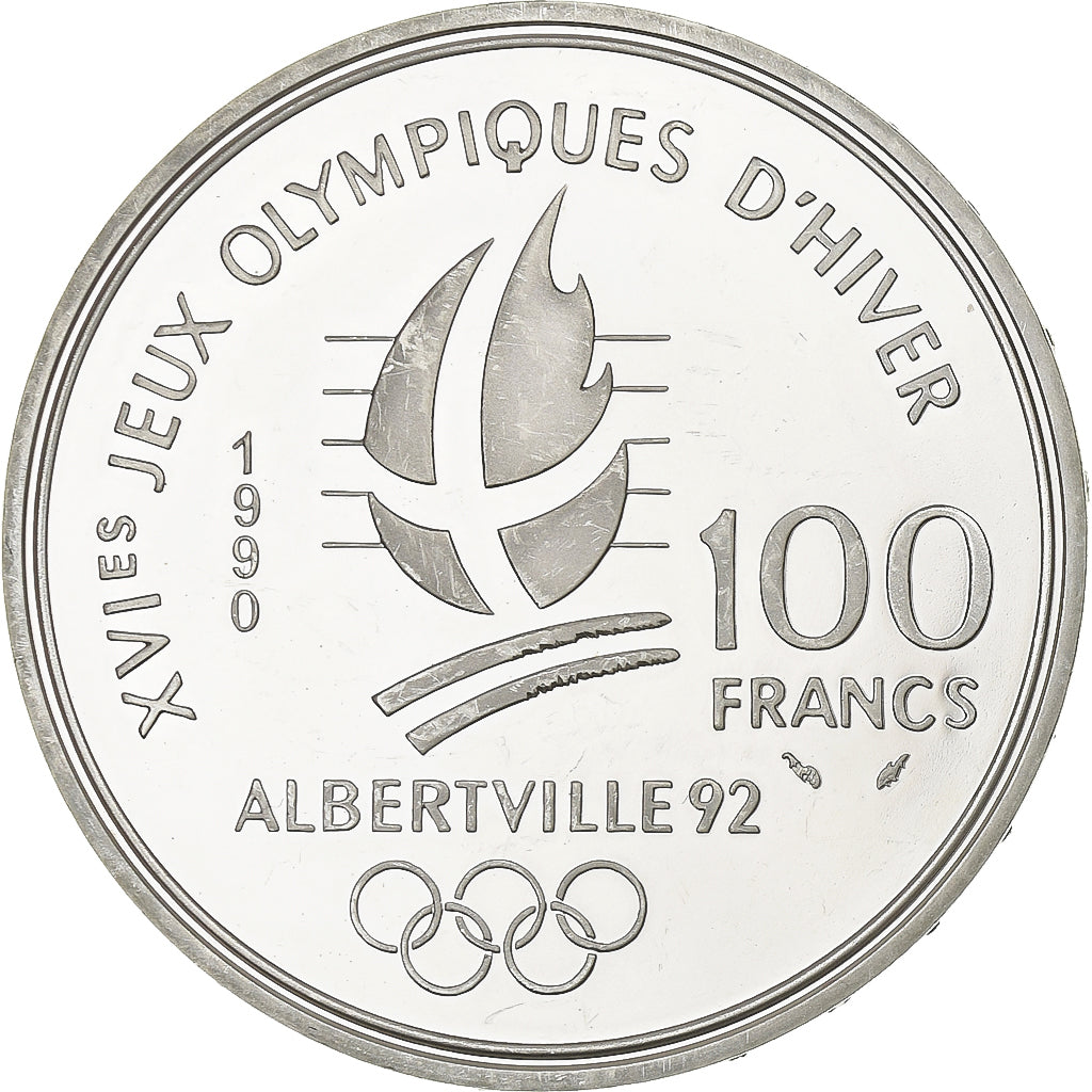 France, 100 Francs, Albertville - Free-style Skiing, 1990, MDP, Proof, Silver