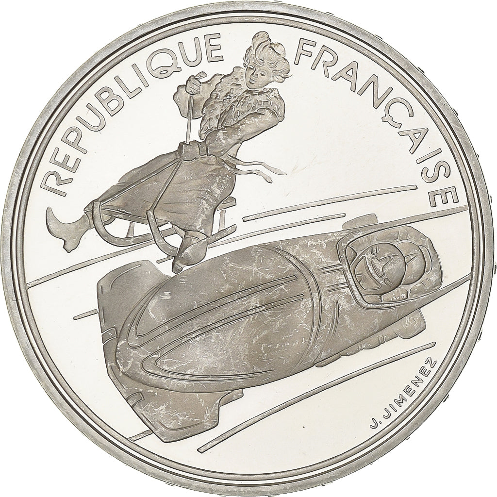 France, 100 Francs, Albertville - Bobsleigh, 1990, MDP, Proof, Silver, MS(63)