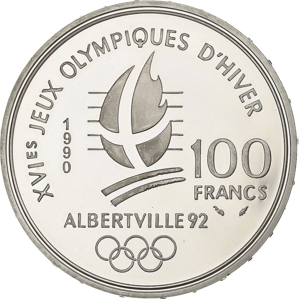 France, 100 Francs, Albertville - Bobsleigh, 1990, MDP, Proof, Silver, MS(63)