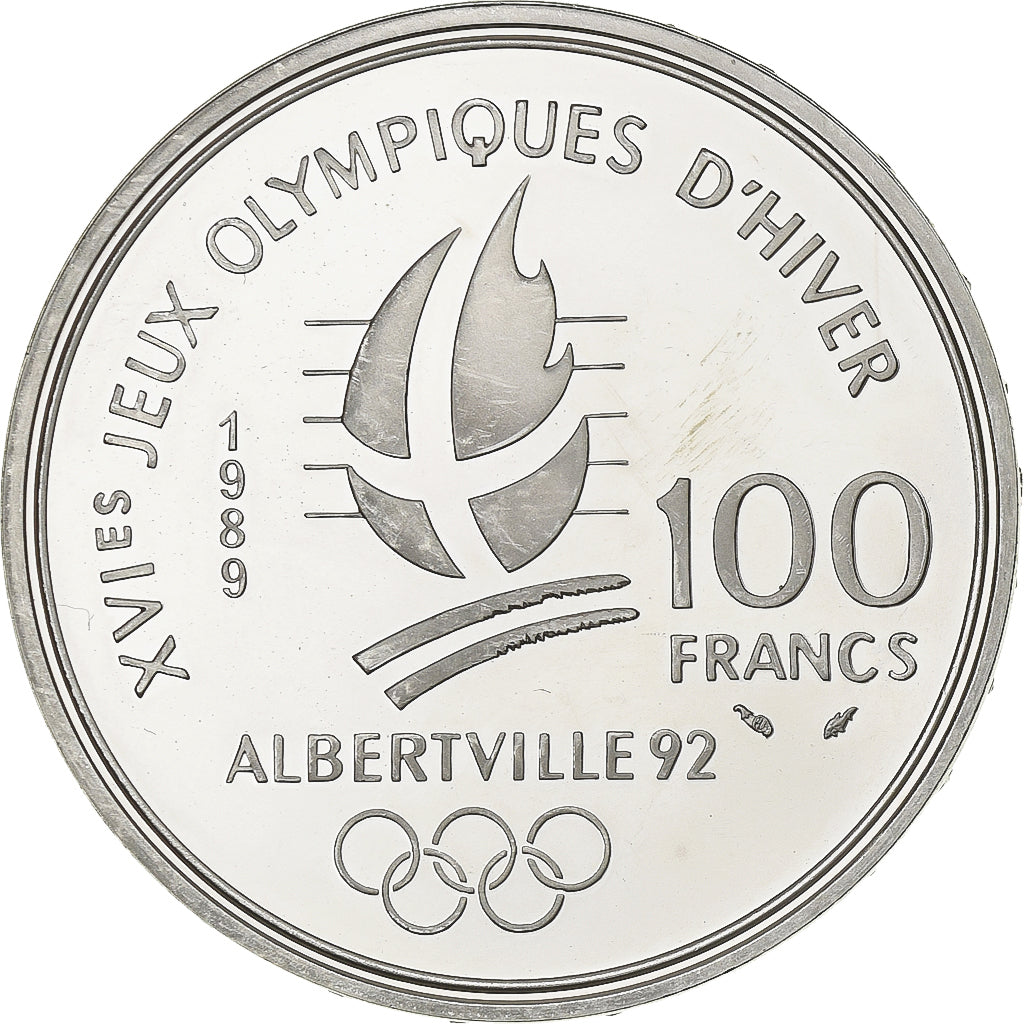 France, 100 Francs, Albertville - Alpine Skiing, 1989, MDP, Proof, Silver