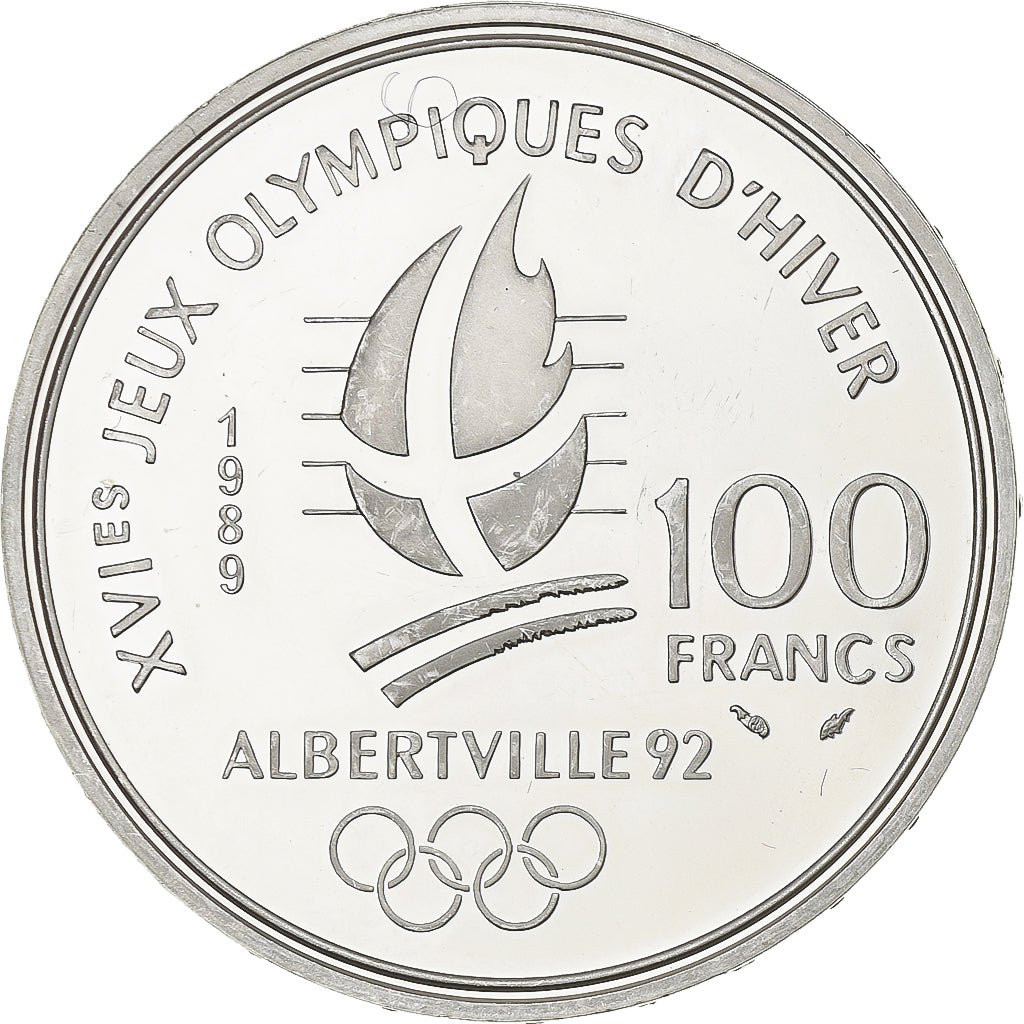 France, 100 Francs, Albertville - Ice Skating, 1989, MDP, Proof, Silver, MS(63)