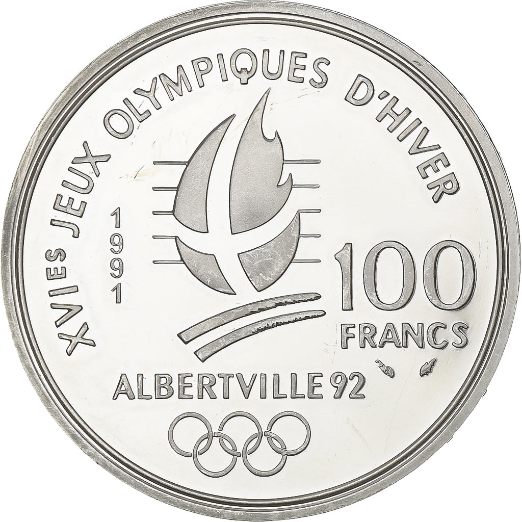 France, 100 Francs, Albertville - Ski Jumping, 1991, MDP, Proof, Silver, MS(63)