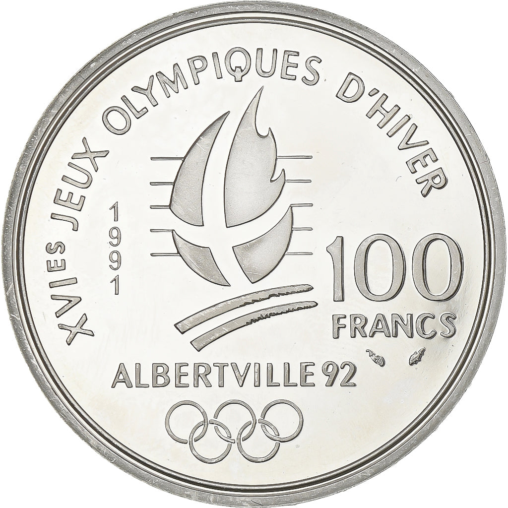 France, 100 Francs, Albertville - Hockey sur glace, 1991, MDP, BE, Argent, SPL