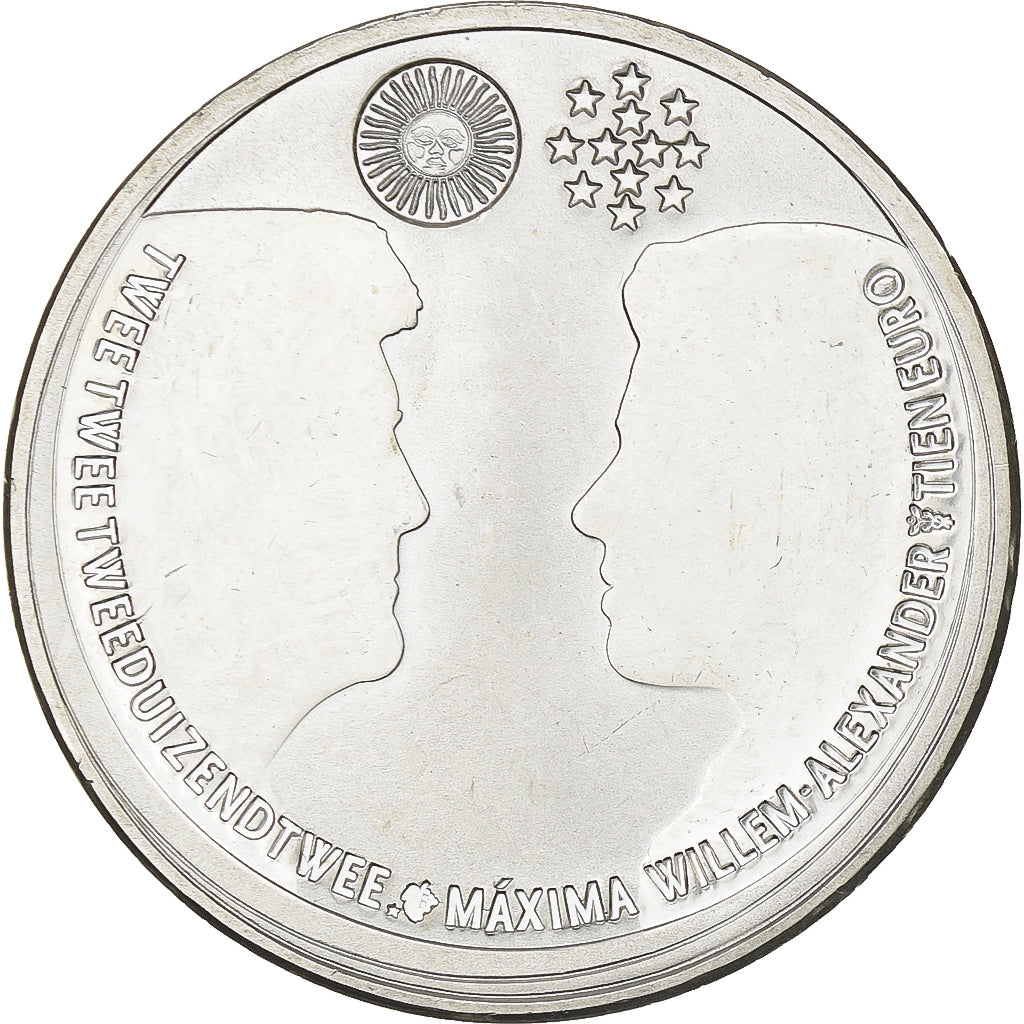 Holandia, Beatrix, 10 Euro, Guillaume and Maxima wedding, 2002, Utrecht, Srebro