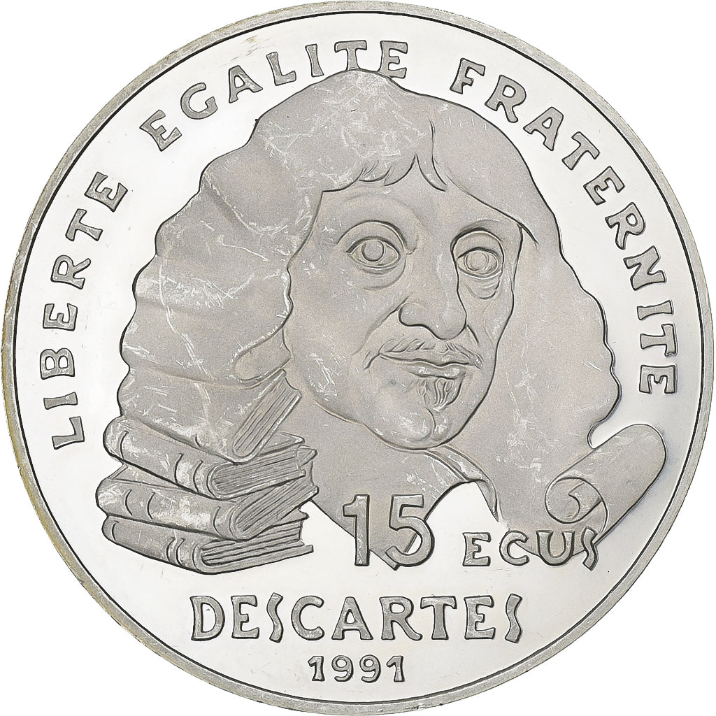 França, 100 Francs-15 Ecus, Descartes, 1991, MDP, Proof, Prata, MS(63), KM:1002
