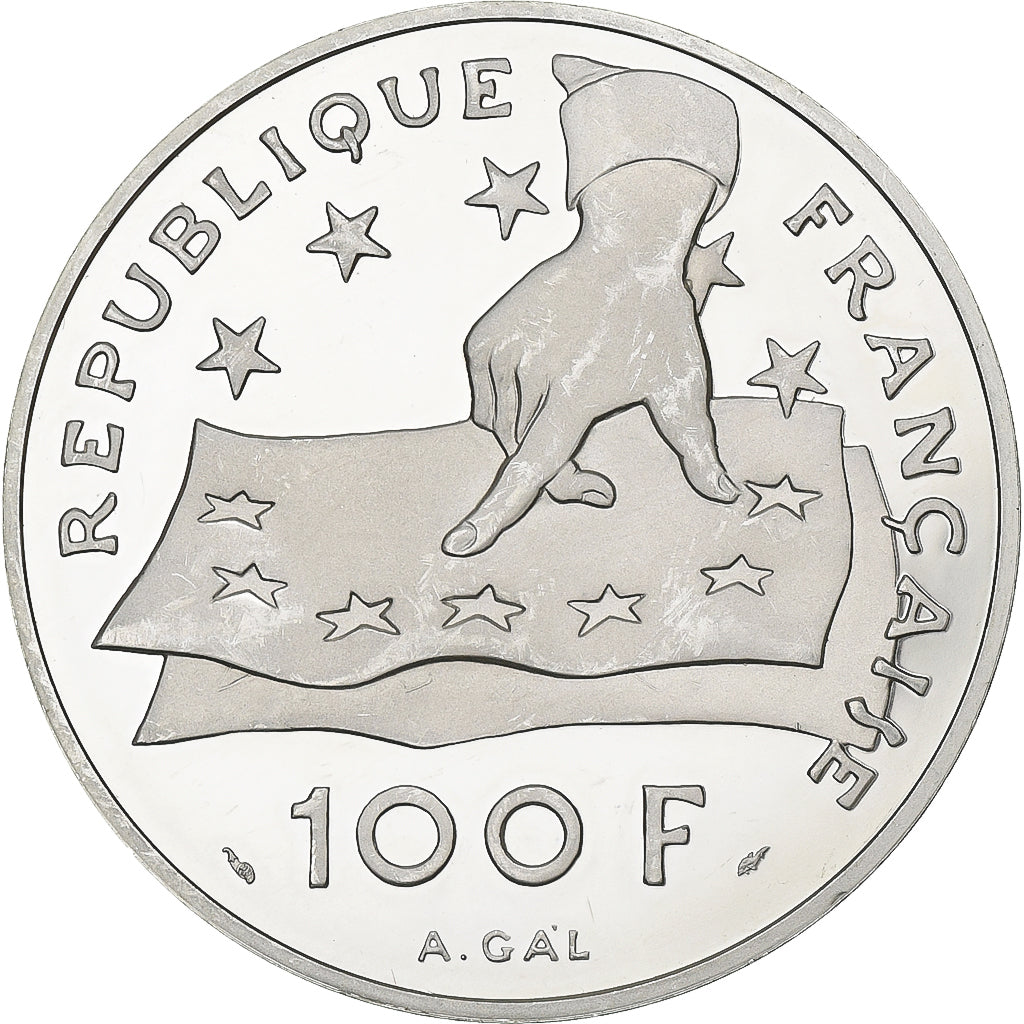 França, 100 Francs-15 Ecus, Descartes, 1991, MDP, Proof, Prata, MS(63), KM:1002