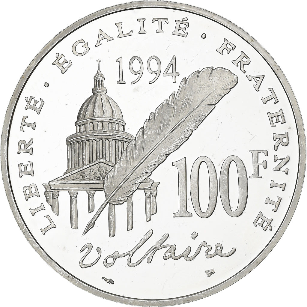 França, 100 Francs, Voltaire, 1994, MDP, Proof, Prata, MS(63), KM:1182