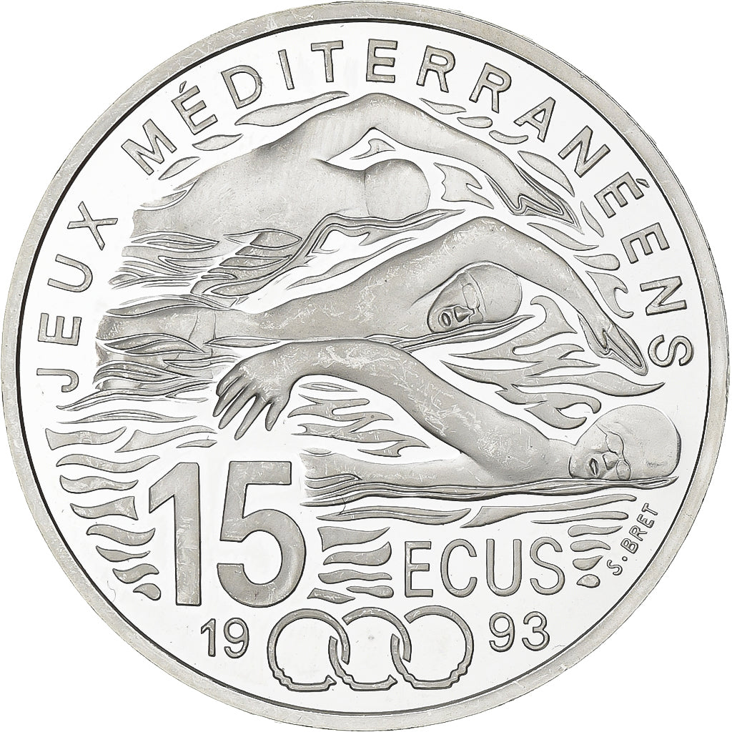 França, 100 Francs-15 Ecus, Jeux Méditerranéens, 1993, MDP, Proof, Prata