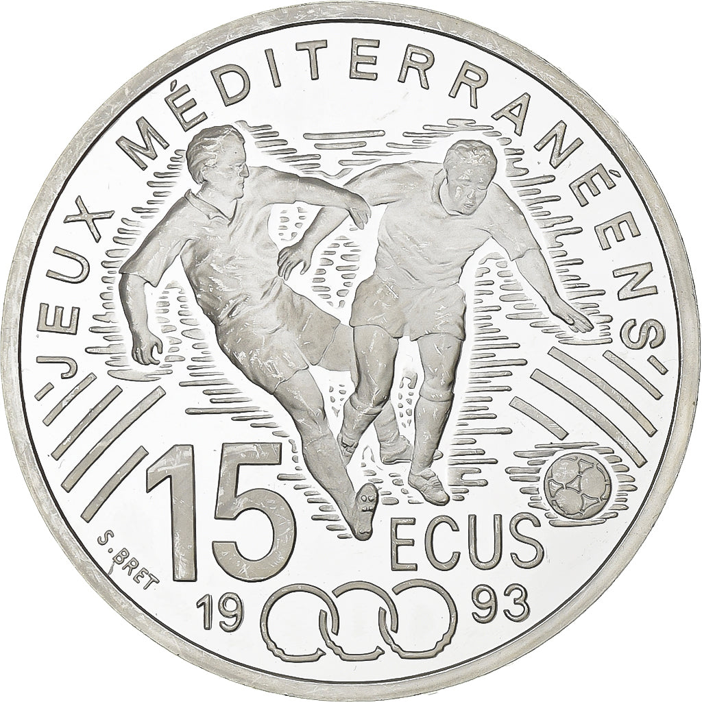 França, 100 Francs-15 Ecus, Jeux Méditerranéens, 1993, MDP, Proof, Prata