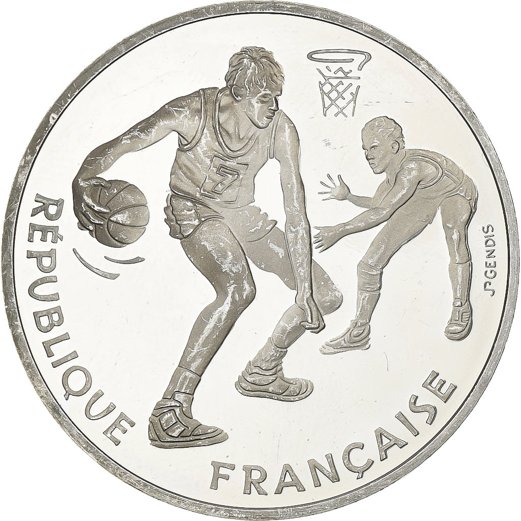 Francja, 100 Francs, FIBA dribbleur, 1991, MDP, Proof, Srebro, MS(63), KM:991