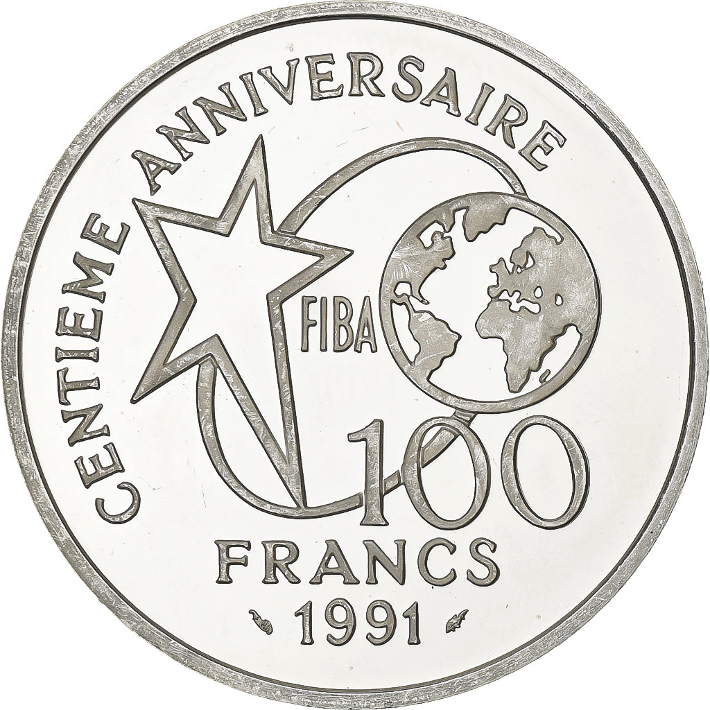 Francja, 100 Francs, FIBA dribbleur, 1991, MDP, Proof, Srebro, MS(63), KM:991