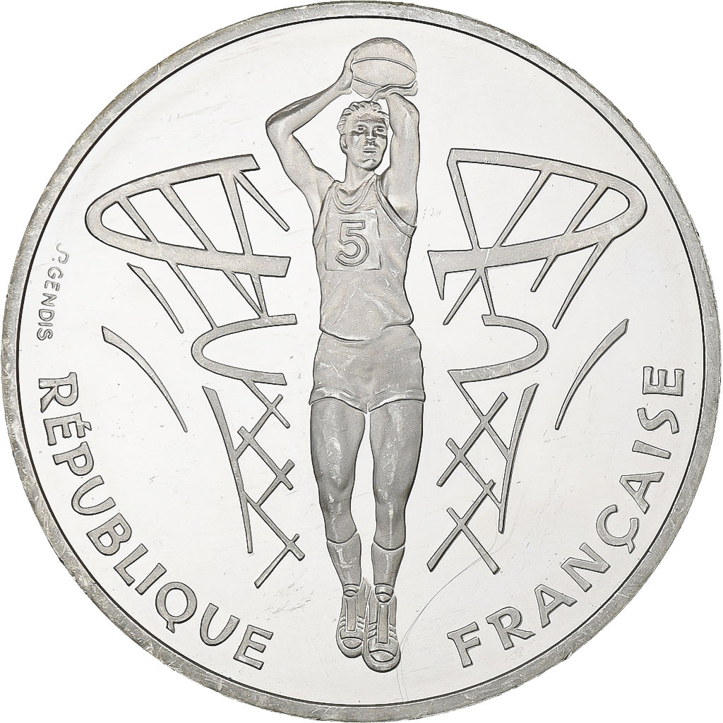 Francja, 100 Francs, FIBA lancer franc, 1991, MDP, Proof, Srebro, MS(63), KM:992