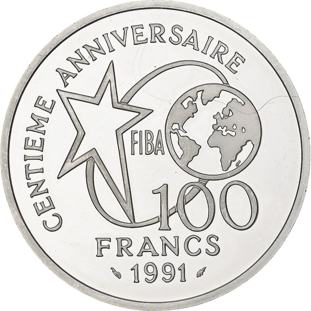 Francja, 100 Francs, FIBA lancer franc, 1991, MDP, Proof, Srebro, MS(63), KM:992