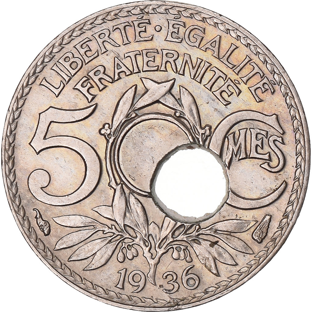 France, 5 Centimes, Lindauer, 1936, Paris, Trou Décentré, Cupro-nickel, TTB+