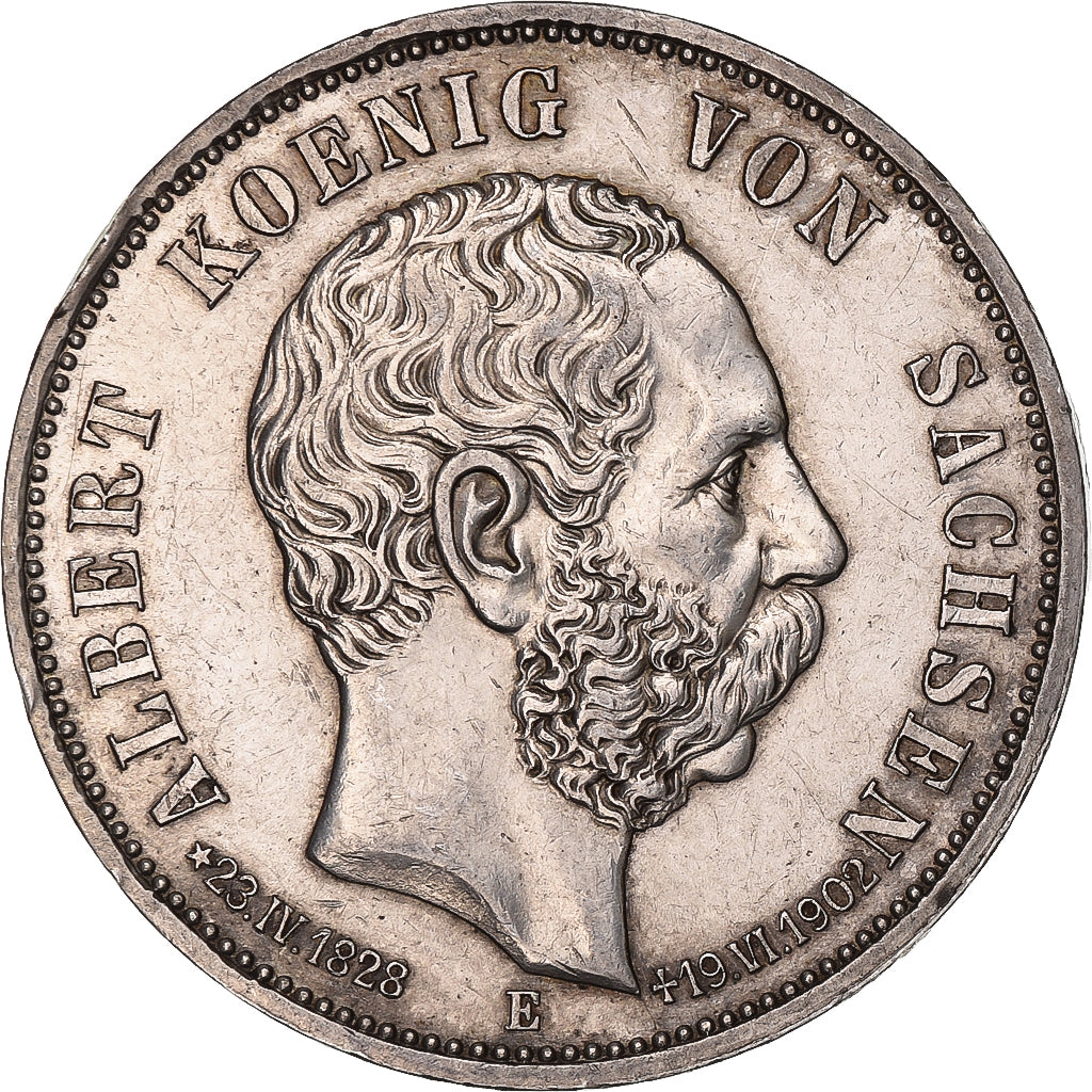 Kingdom of Saxony, Albert, 5 Mark, 1902, Muldenhütten, Silver, AU(50-53)