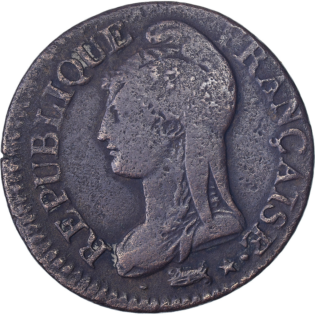 França, 5 Centimes, Dupré, AN 5, Lyon, Surfrappe du Décime, Cobre, VF(20-25)