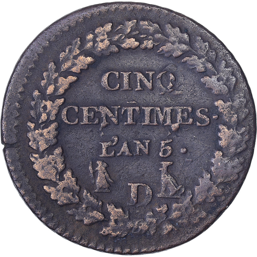 França, 5 Centimes, Dupré, AN 5, Lyon, Surfrappe du Décime, Cobre, VF(20-25)