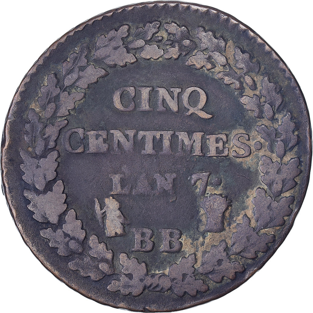 France, 5 Centimes, Dupré, AN 7, Strasbourg, Copper, VF(20-25), Gadoury:126