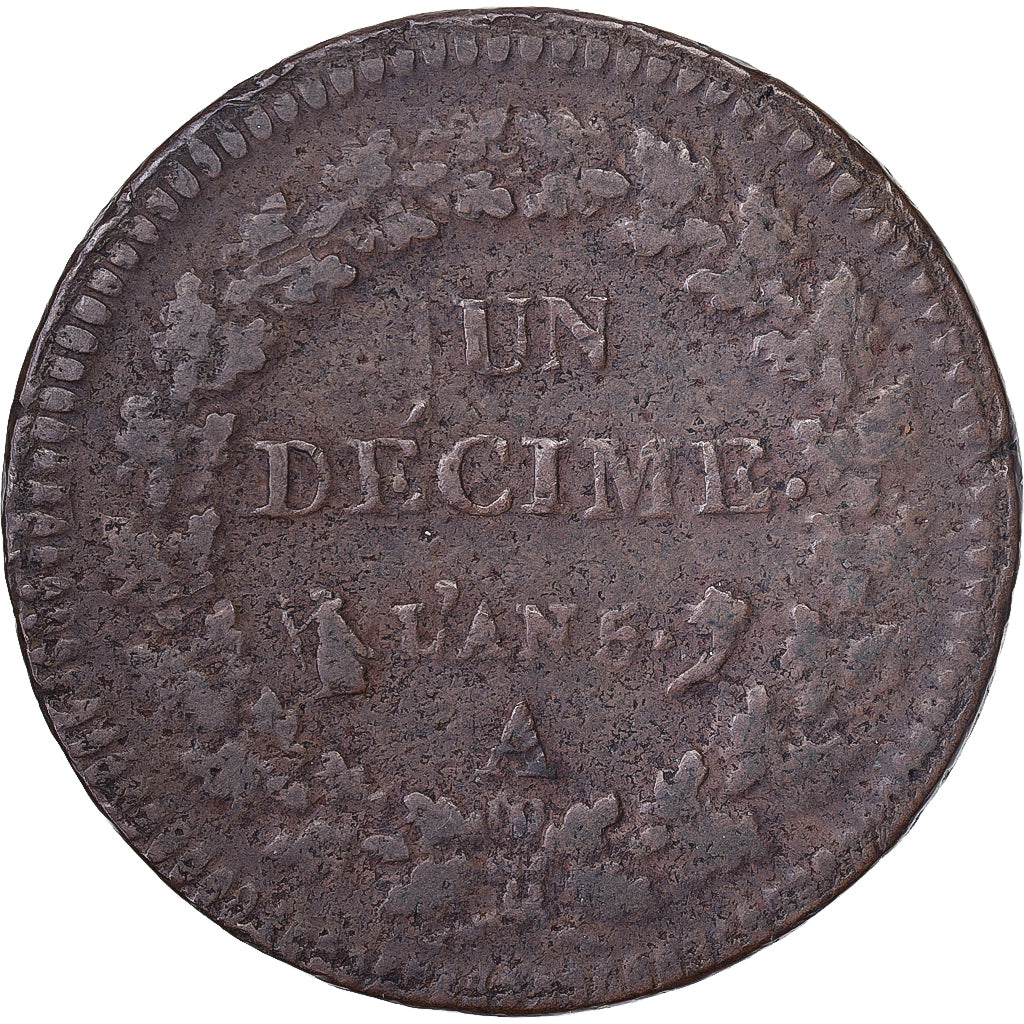 France, 1 Décime, Dupré, AN 5, Paris, Cuivre, TB, Gadoury:187