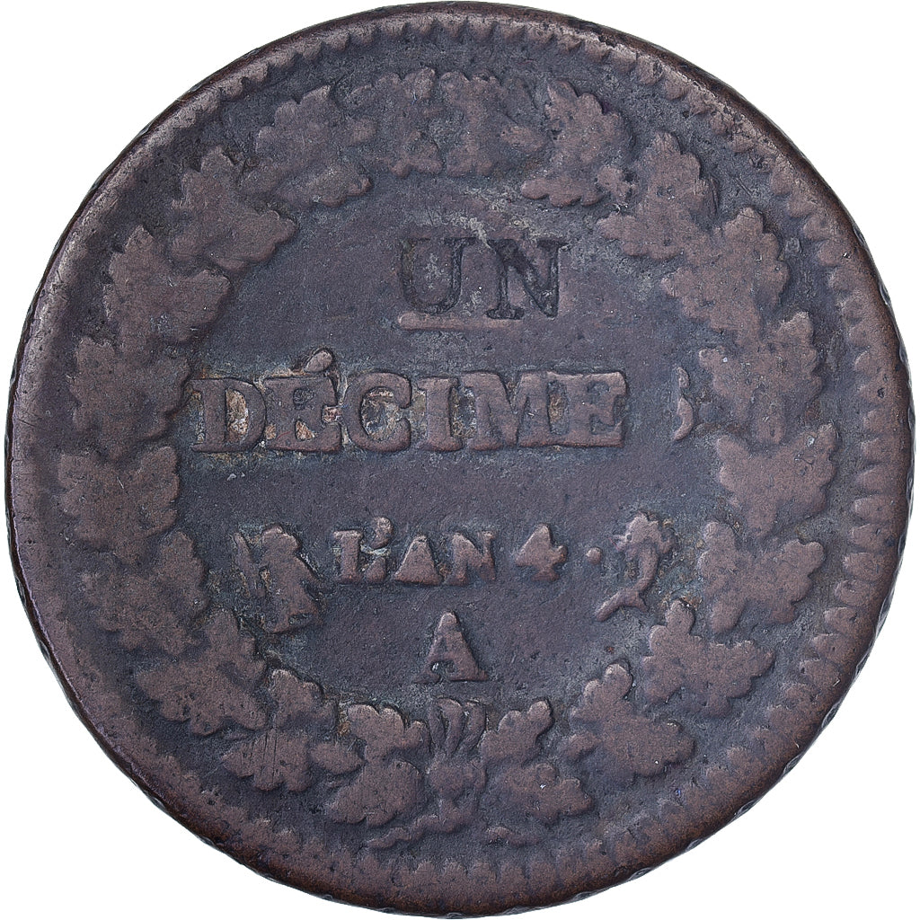 Francja, 1 Décime, Dupré, AN 4, Paris, Modification du 2 décimes, Miedź