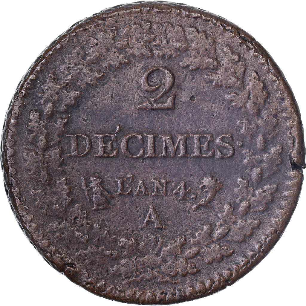 France, 2 Décimes, Dupré, AN 4, Paris, Copper, VF(30-35), Gadoury:300