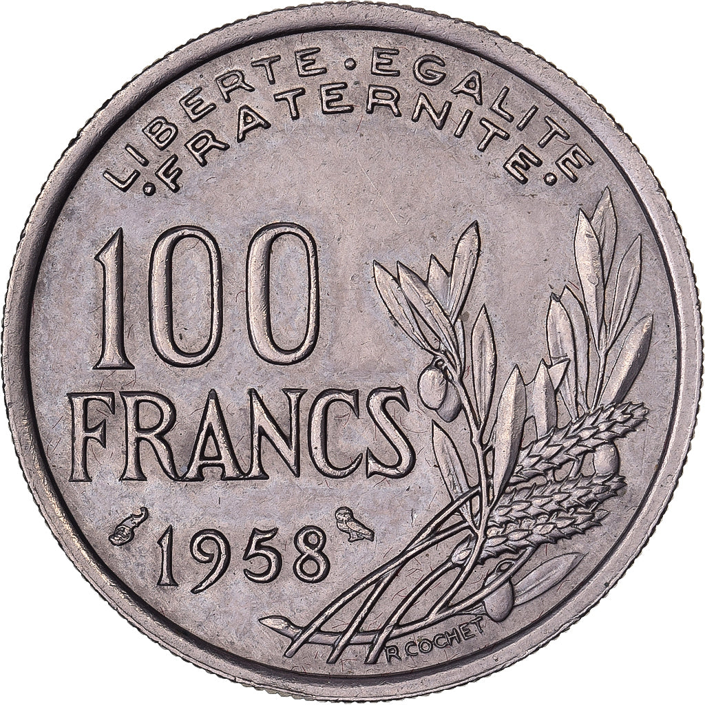 França, 100 Francs, Cochet, 1958, Paris, Coruja, Cobre-níquel, AU(50-53)