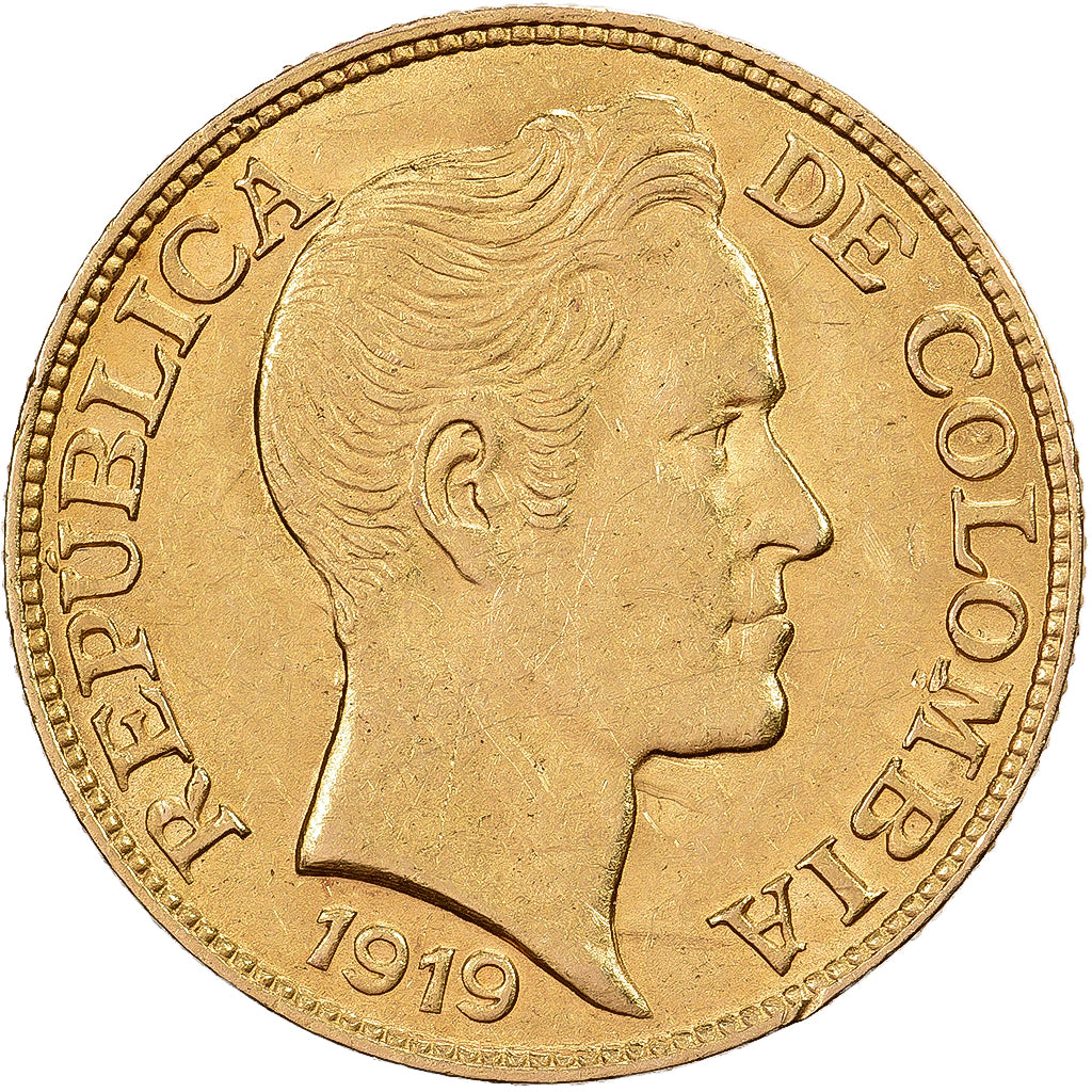 Colombia, 2-1/2 Pesos, 1919, Gold, AU(55-58), KM:200