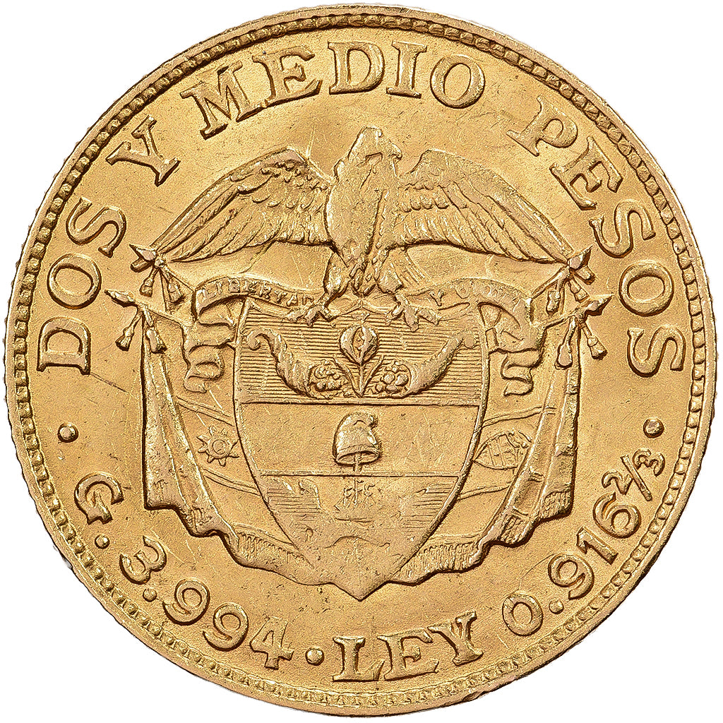 Colombia, 2-1/2 Pesos, 1919, Gold, AU(55-58), KM:200