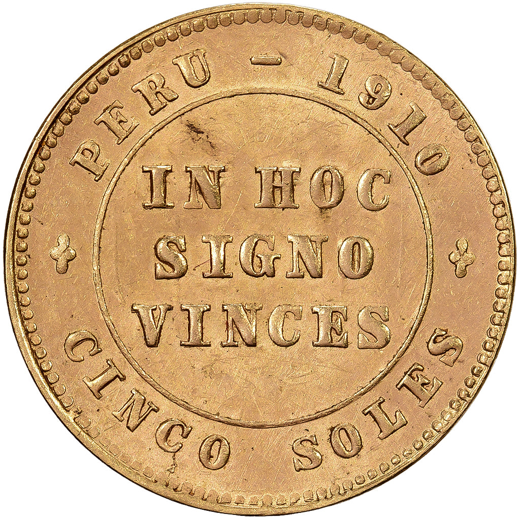 Peru, 5 Soles, 1910, Lima, Gold, AU(55-58), KM:Tn2