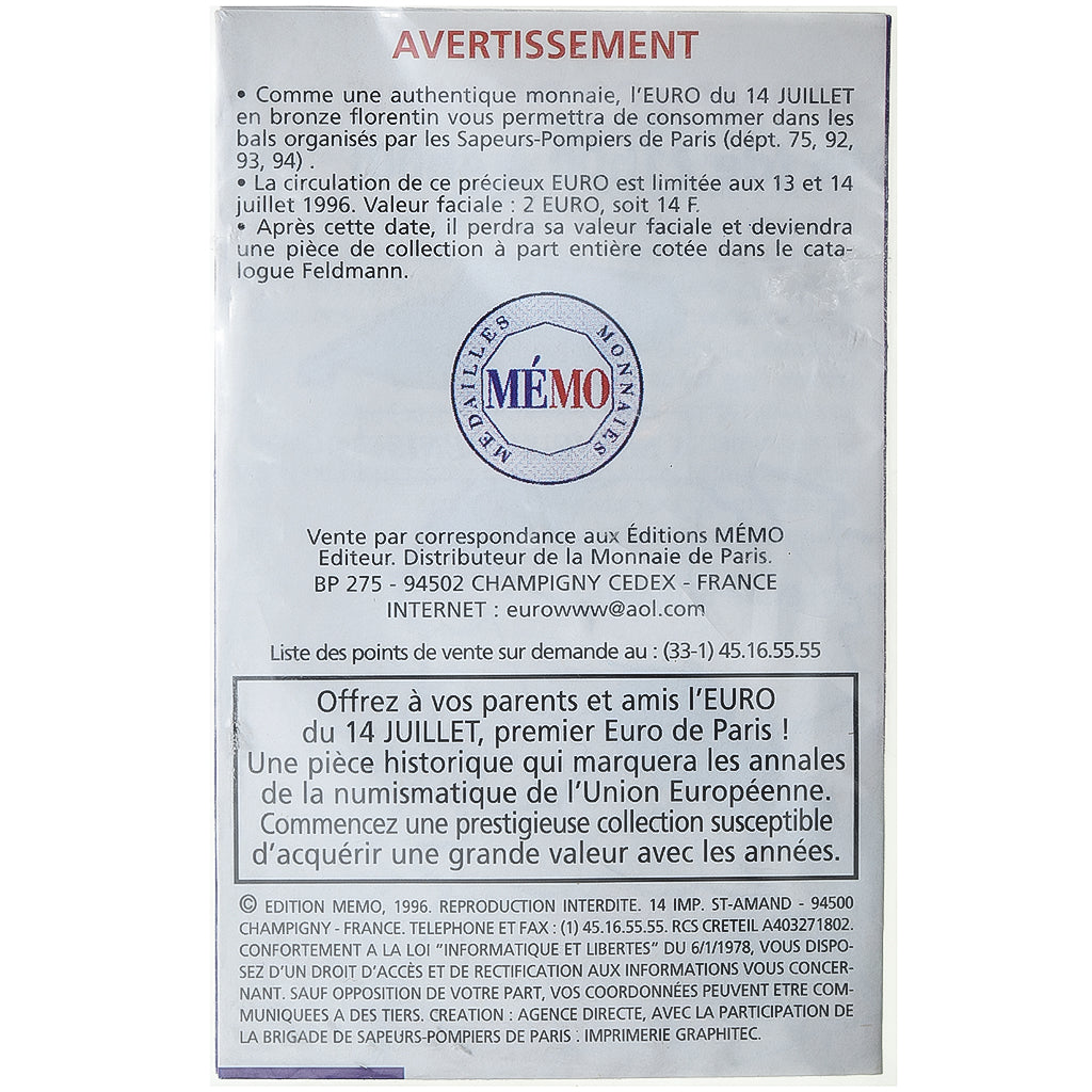 França, 2 Euro de Paris, Sapeurs-pompiers de Paris, 1996, Bronze Florentin