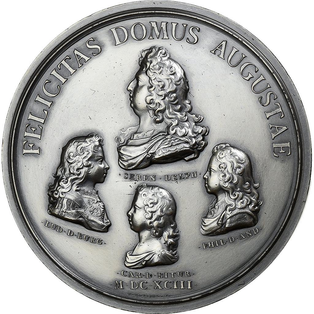 France, Medal, Louis XIV, Naissance du Duc de Berry, Silvered bronze, Roussel