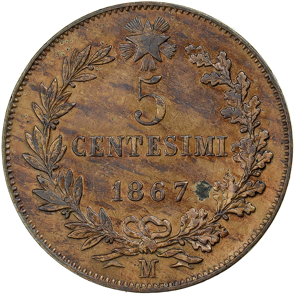 Italien, Vittorio Emanuele II, 5 Centesimi, 1867, Milan, Kupfer, SS+, KM:3.2