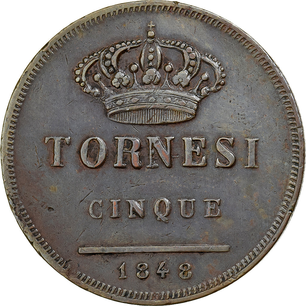 Kingdom of the Two Sicilies, Ferdinando II, 5 Tornesi, 1848, Naples, Miedź