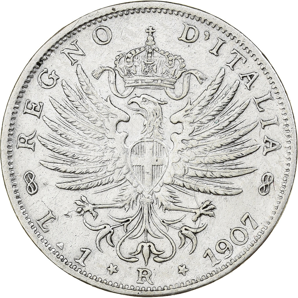 Włochy, Vittorio Emanuele III, 1 Lira, 1907, Rome, Srebro, AU(55-58), KM:32