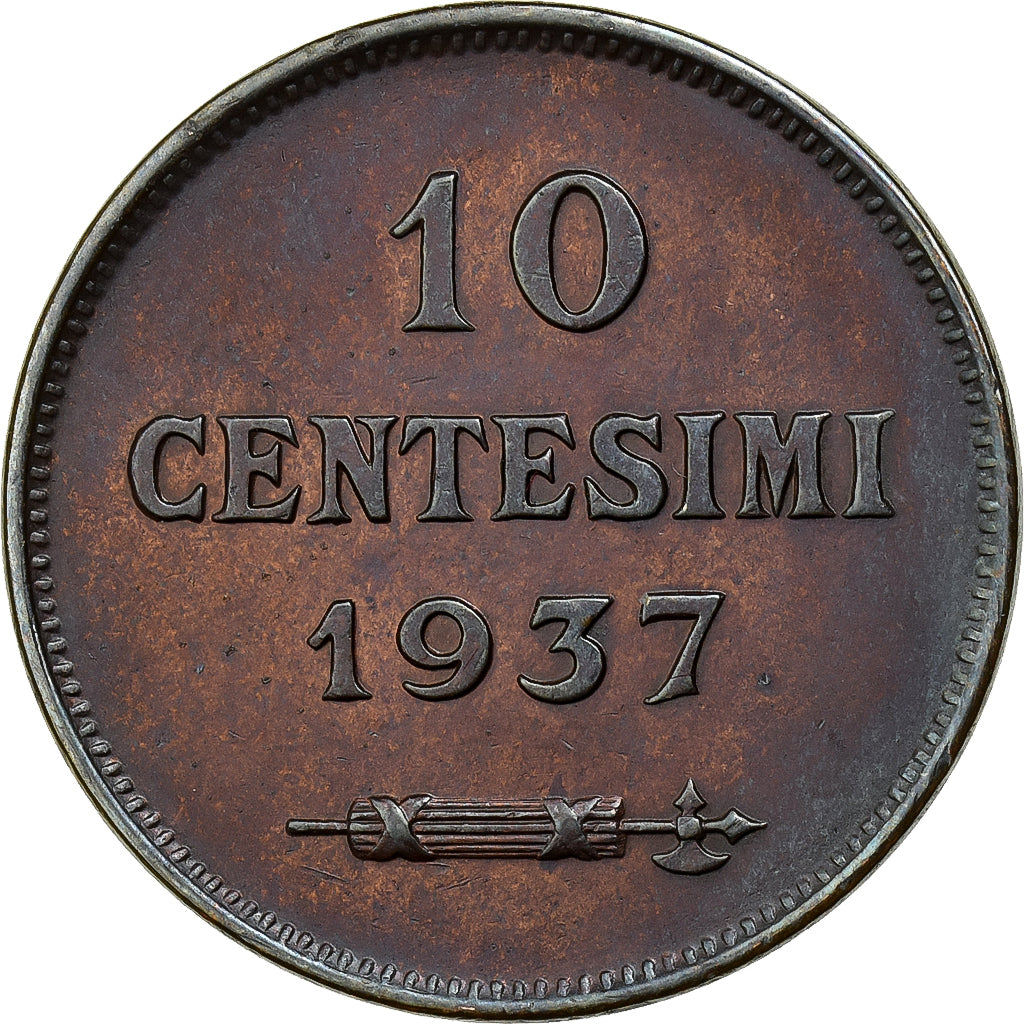 San Marino, 10 Centesimi, 1937, Rome, Brązowy, MS(60-62), KM:13