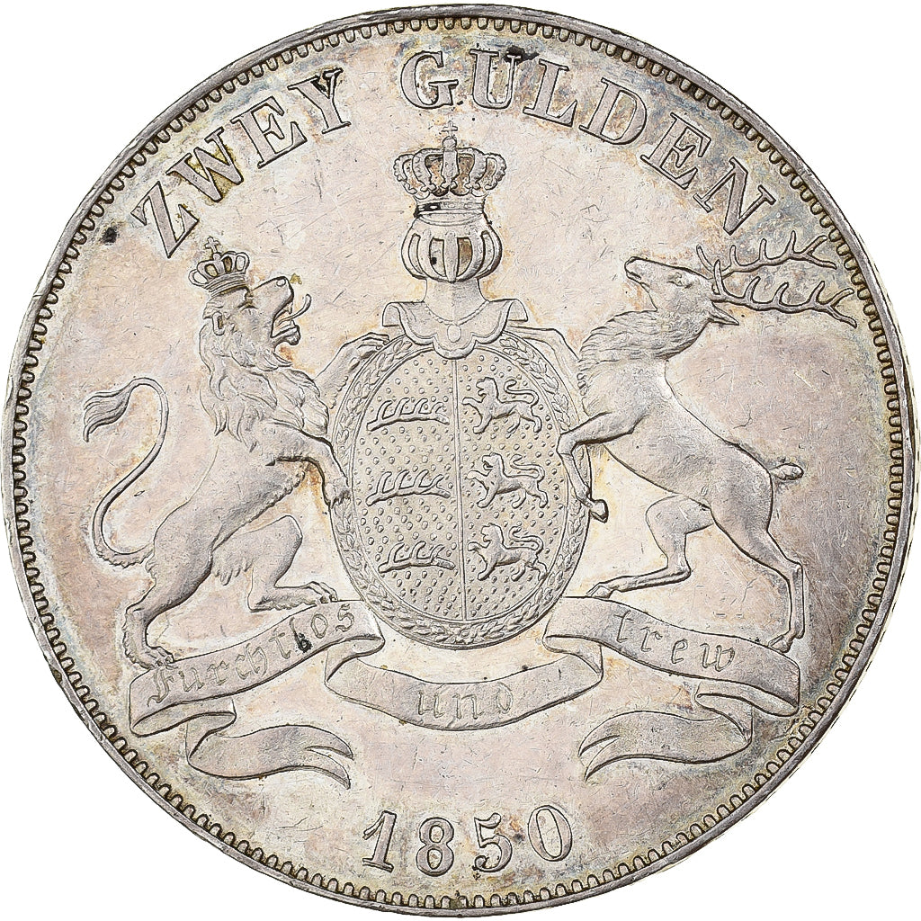 Kingdom of Württemberg, Wilhelm I, 2 Gulden, 1850, Stuttgart, Plata, MBC+