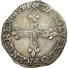 Francja, Charles X, 1/4 Ecu, 1591, Nantes, Srebro, VF(30-35), Gadoury:521